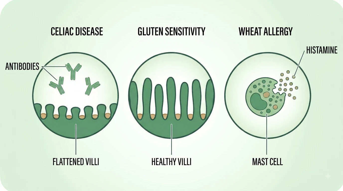 Diagram comparing three conditions side by side. Under celiac disease, a magnified view of the intestinal lining shows short flattened villi with antibodies floating above them. Under gluten sensitivity, the same lining is shown with tall healthy villi and nothing else. Under wheat allergy, a mast cell releases a spray of histamine granules.