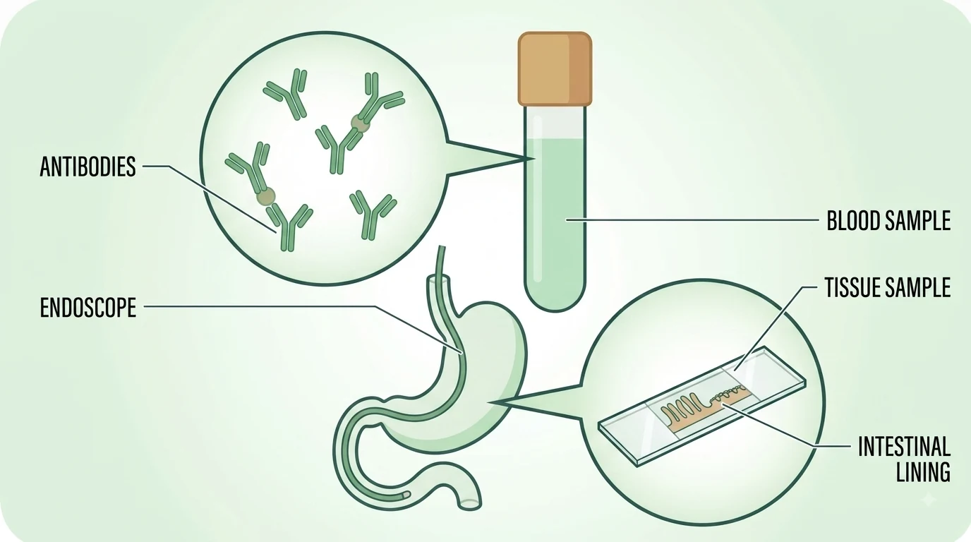 Diagram of the two stages of celiac disease testing. A sealed tube holds a blood sample, with a magnified view showing Y-shaped antibodies, two of them bound to targets. Below, an endoscope passes down through the stomach into the duodenum, and a second magnified view shows the tissue sample on a glass slide, with the intestinal lining and its villi visible.
