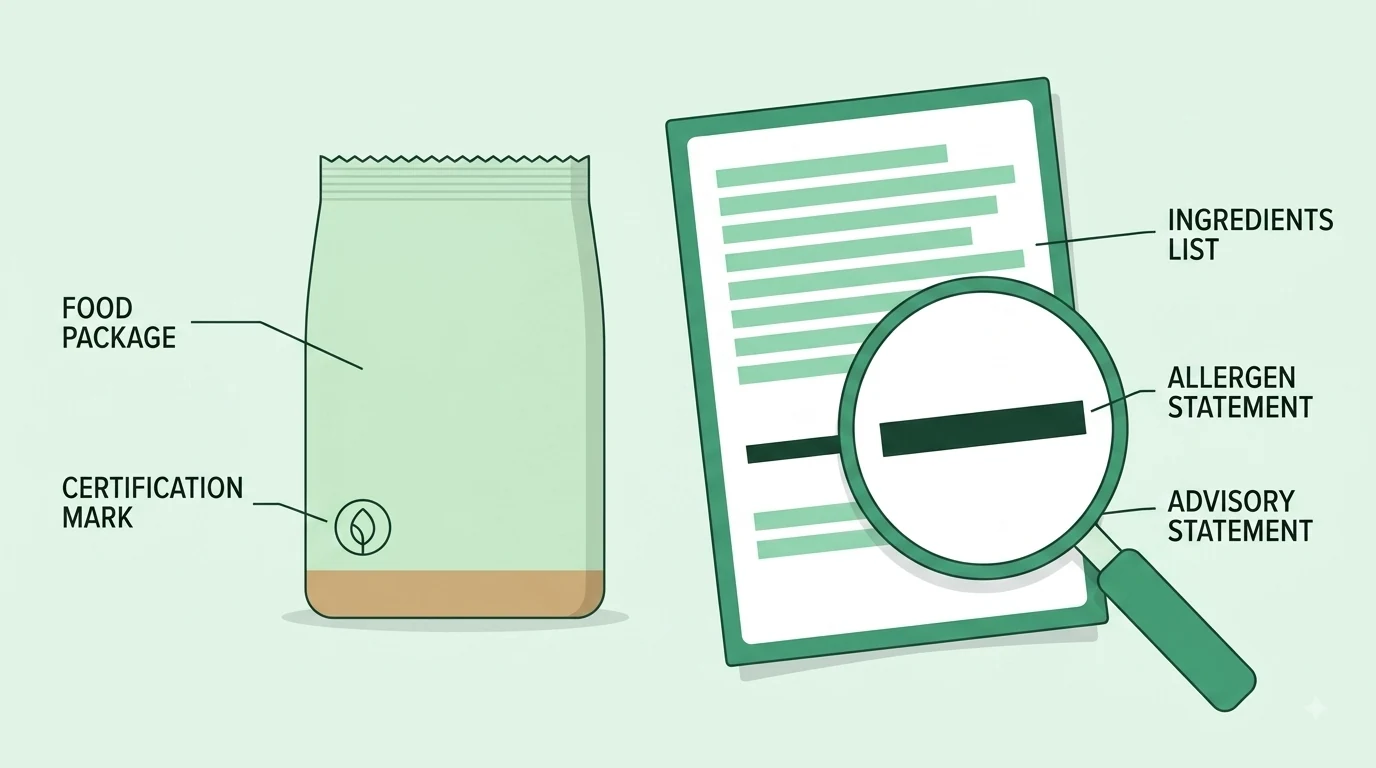 Diagram of what to look for on a food label. A pouch carries a small round certification mark, and its back label is shown alongside as a card. The lines of text are shown as plain bars: a block of them forms the ingredients list, a single heavier bar marks the allergen statement, and a shorter finer bar below it is the advisory statement. A magnifying glass sits over the allergen line.