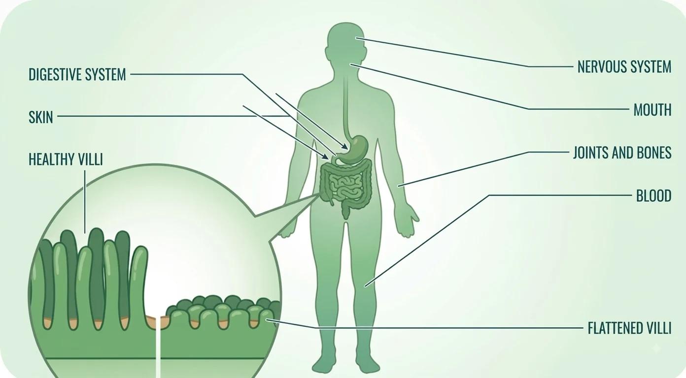 Diagram showing where celiac disease symptoms can appear in the body. A silhouette of a standing person shows the digestive tract, with labels marking six affected areas: the digestive system, mouth, skin, nervous system, blood, and joints and bones. A magnified view of the intestinal lining compares tall healthy villi on the left with short flattened villi on the right.