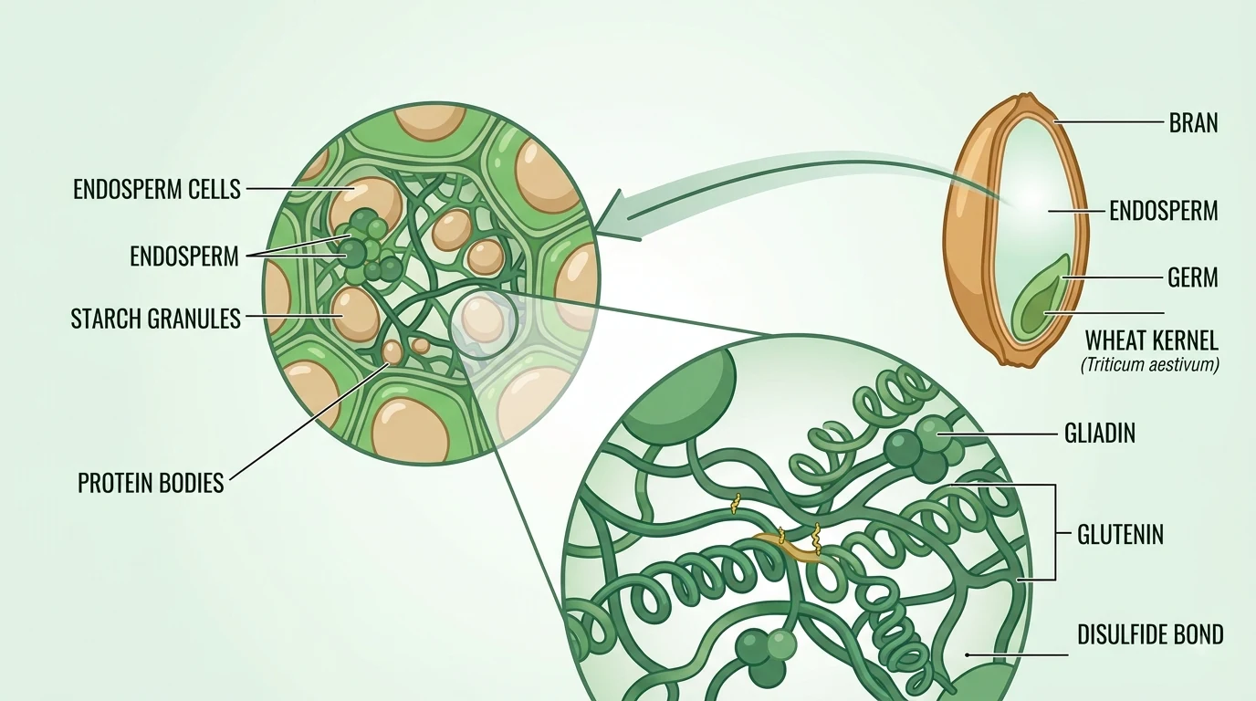 Diagram showing where gluten sits inside a wheat grain. A cross-section of a wheat kernel (Triticum aestivum) is labeled with its three parts: the outer bran, the large inner endosperm, and the germ at the base. A magnified view of the endosperm shows endosperm cells packed with starch granules and smaller protein bodies between them. A second magnification of those protein bodies shows the coiled strands of gliadin and glutenin joined by disulfide bonds.